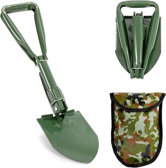 Scopone da campeggio pieghevole in acciaio di carbonio con tasca portatile - attrezzo multifunzionale per campeggio, escursioni, caccia e giardinaggio