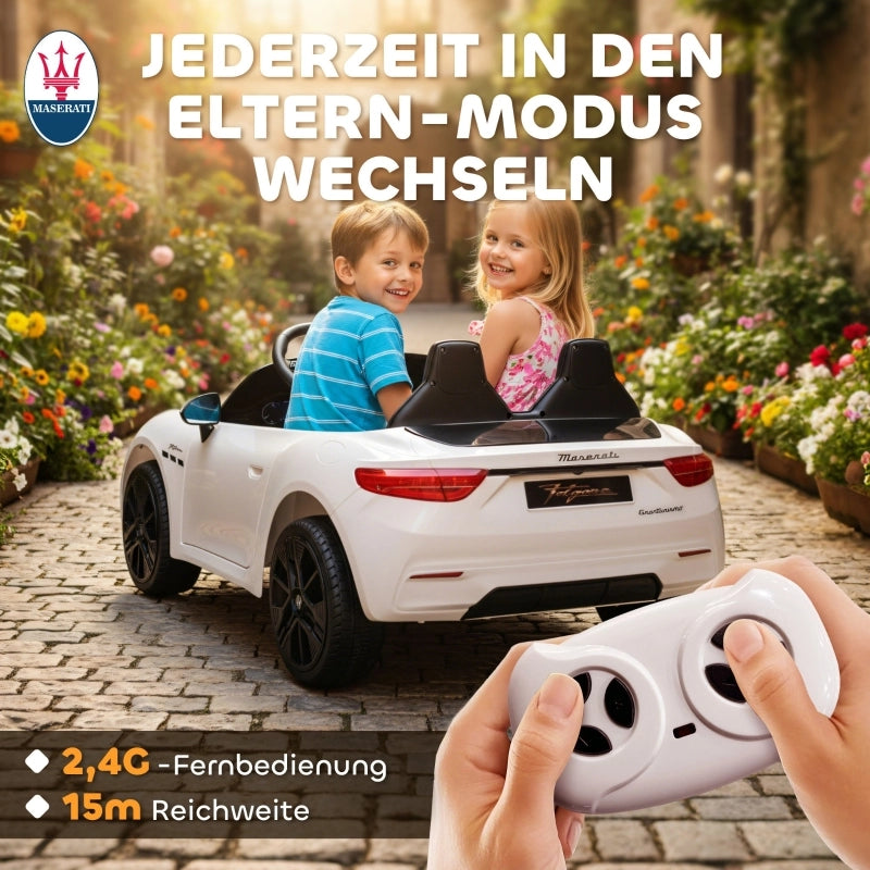 Maserati auto elettrica per bambini, 2 posti, alimentazione a batteria 12V, telecomando, luci a LED, funzione musicale, bianca