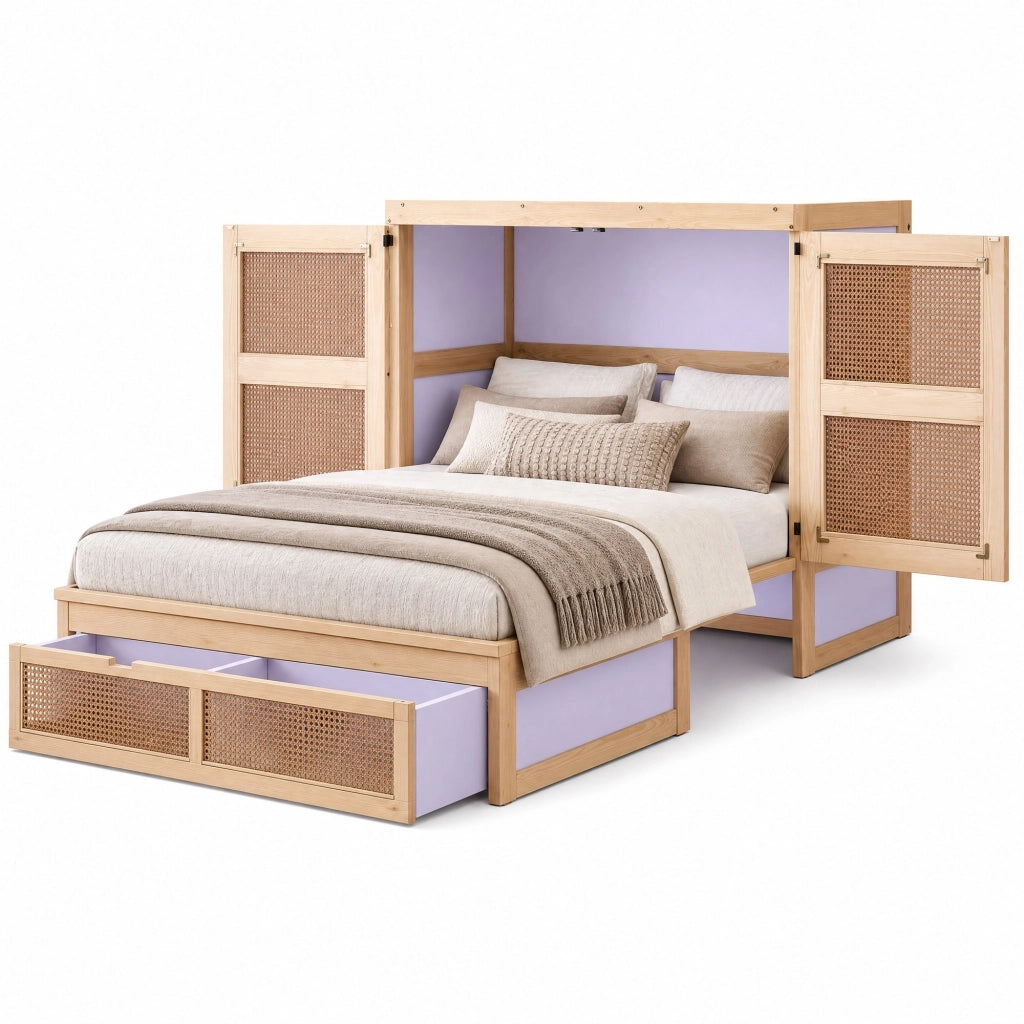 Letto a scomparsa verticale 140x200 cm in legno colore naturale con cassetti e design rattan