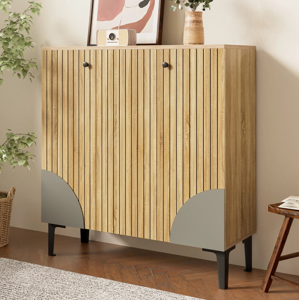 Scarpiera moderna 90x32x94 cm in effetto legno con ante; ripiani interni e gambe nere