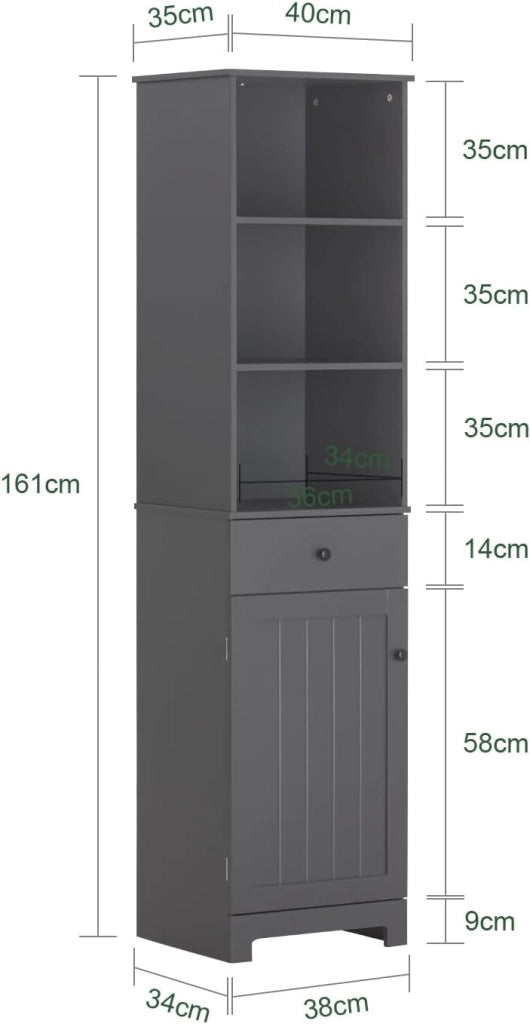 Mobile Bagno Salvaspazio Colonna Bagno con Armadio e 3 Ripiani Aperti, Armadio Compatto con 1 Cassetto per WC, Camera da Letto, Lavanderia 40x161x35 cm BZR17-DG