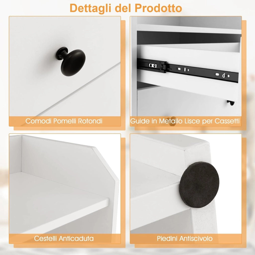 Comò a 3 Cassetti con Mensole, Organizzatore di Stoccaggio Multiuso, Cassettiera Moderna con Dispositivo Anti-Ribaltamento per Soggiorno Camera da Letto Ingresso, 58 x 36 x 111 cm