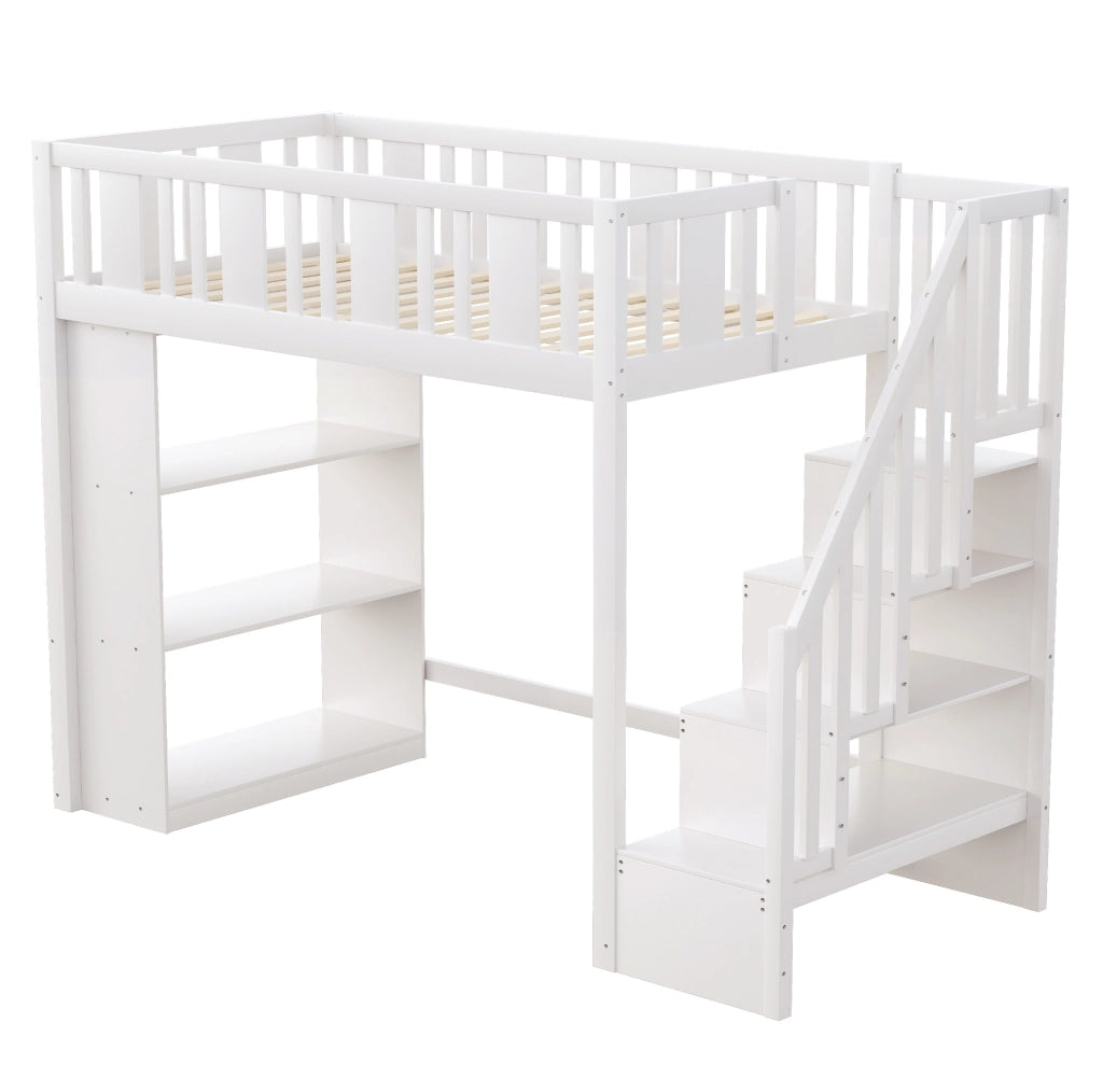 Letto a soppalco 90x200 cm con scala contenitore e 3 vani