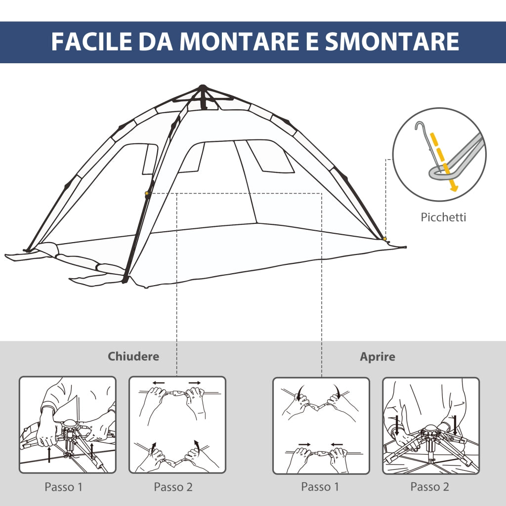Tenda da Spiaggia Pop Up 2 Persone ¨C zephmum ¨C Blu Giallo 220x173x120 cm