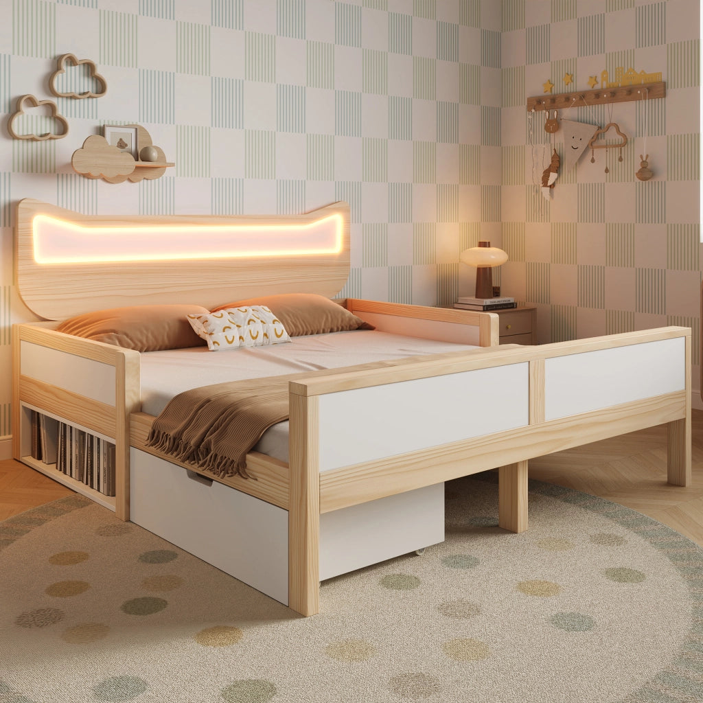 Letto con Sponda 140 x 200 cm - LED; Cassetto e Vano Contenitore - Bianco Rovere