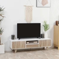 Mobile Porta TV Con Ante e Cassetto, Mobiletto da Salotto per TV fino a 72''in MDF, 160x40x45cm Bianco e Legno