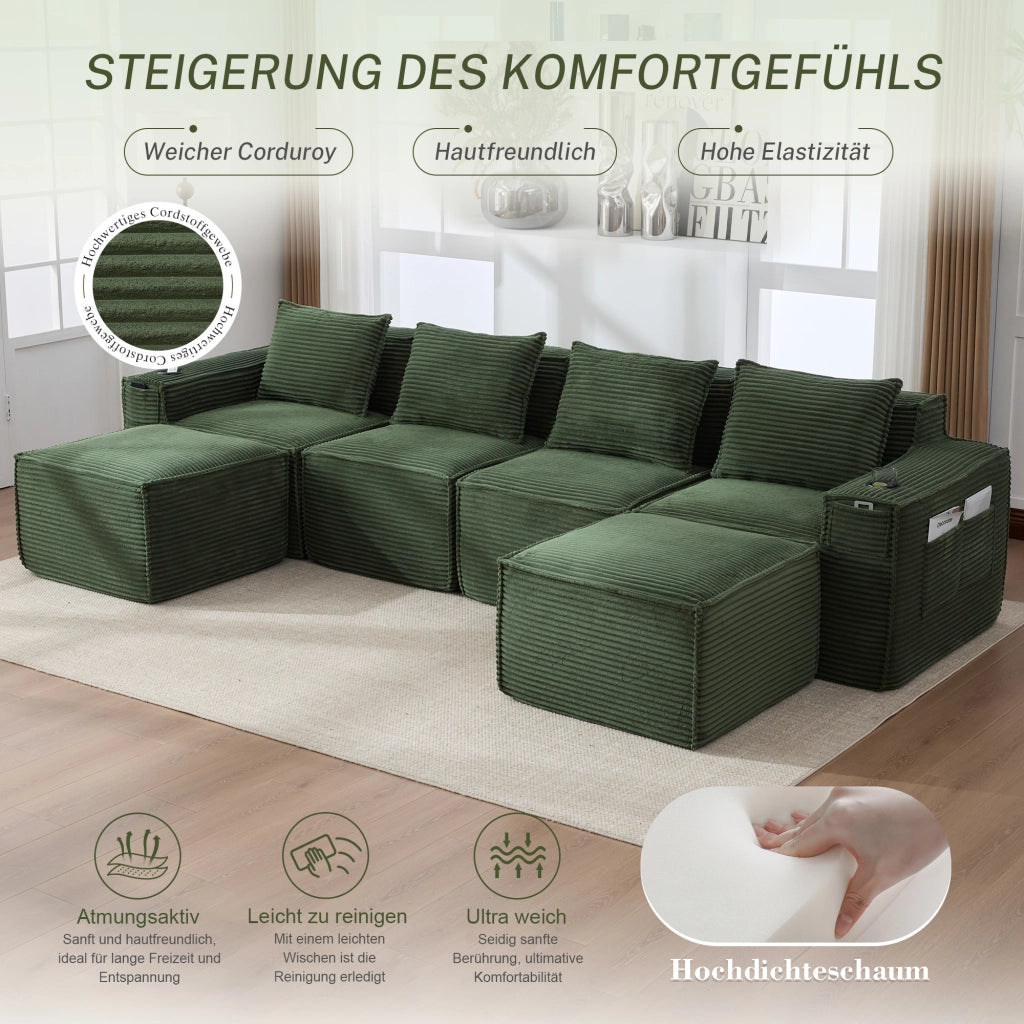 DIVANO modulare 4 posti in corduroy verde con 2 pouf