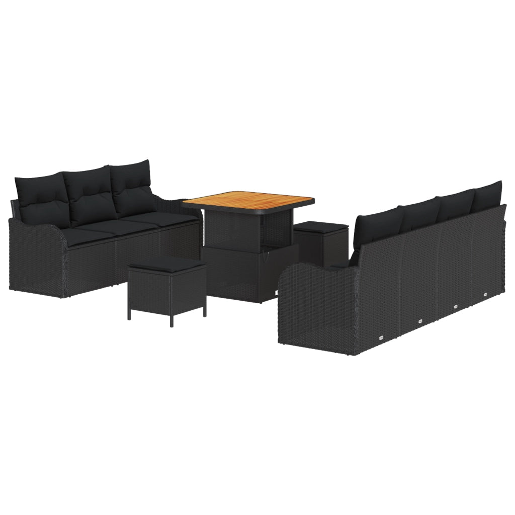 Set Divano da Giardino  10 Pezzi con Cuscini Polyrattan Nero Acacia