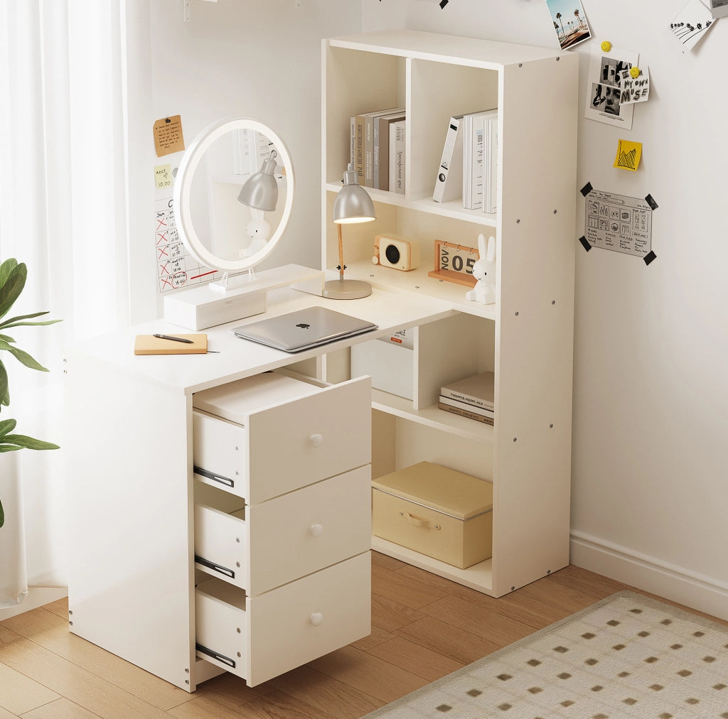 Scrivania angolare con libreria, 3 cassetti, bianca 117×63×135 cm