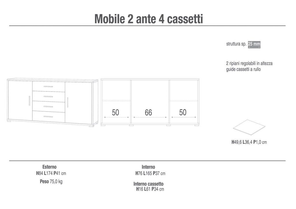 Madia 2 Ante 4 Cassetti 174x84x41 cm Ossido Bianco/Ossido Nero