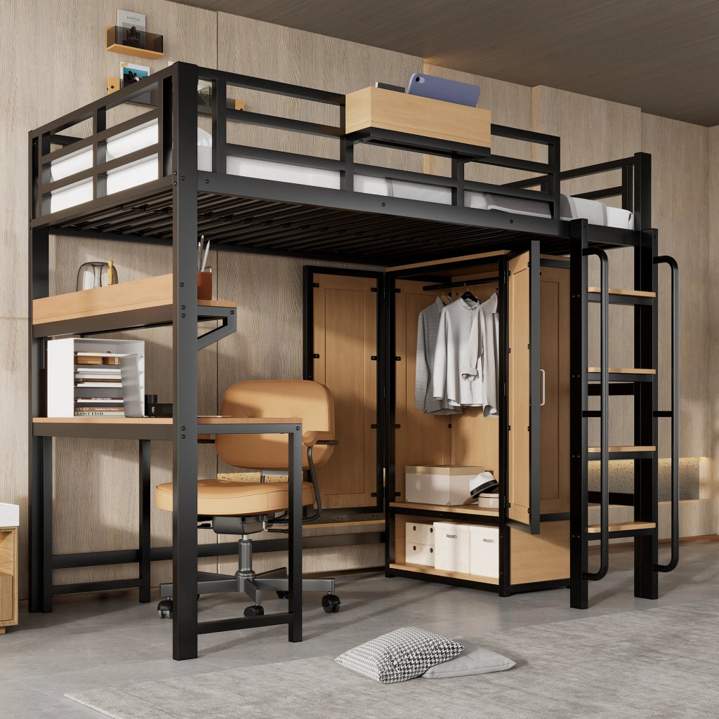 LETTO a soppalco con scrivania, armadio e ripiani 204x95x168,5 cm Nero/Naturale