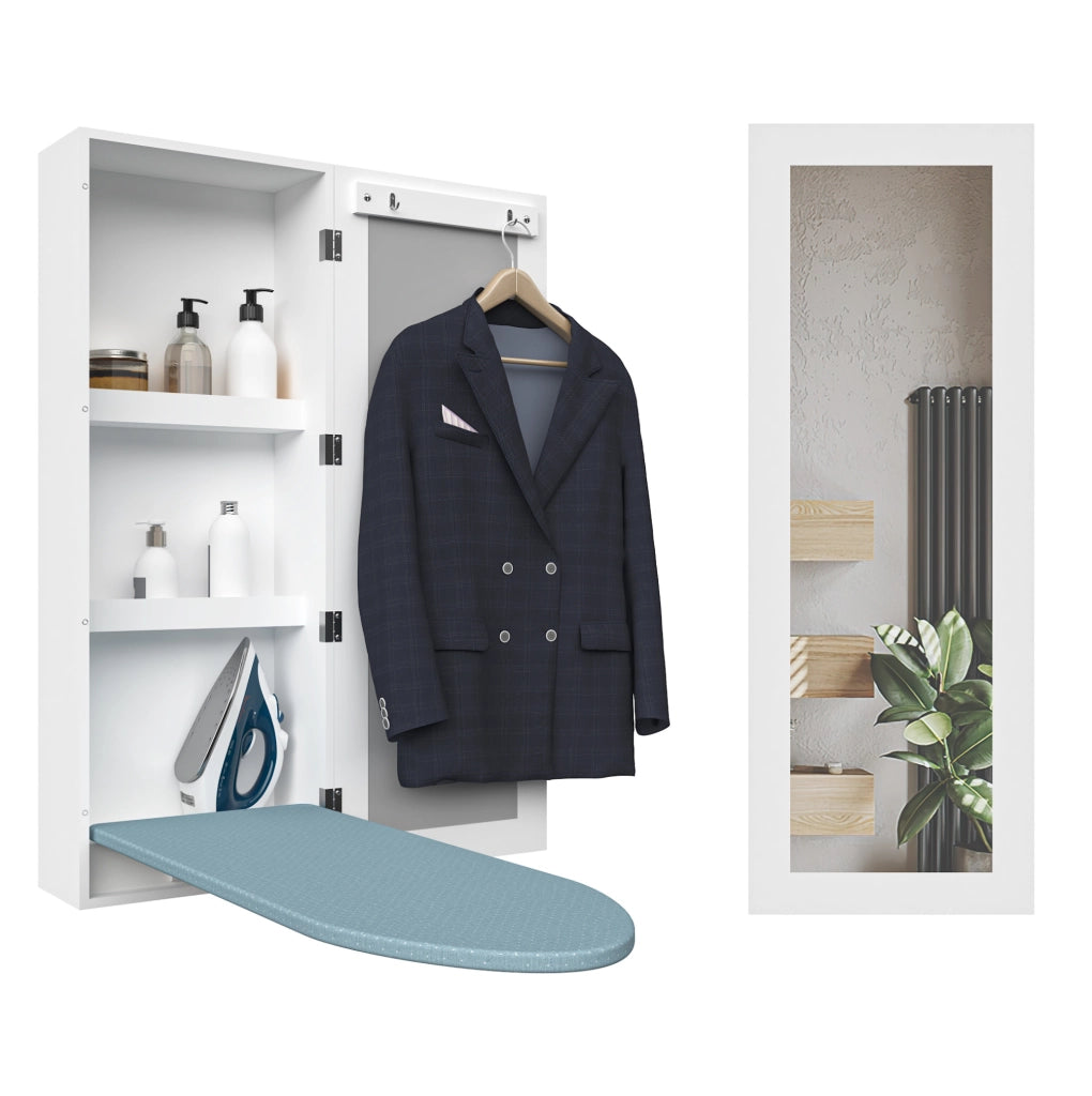 Mobile da parete con asse da stiro integrato; specchio e ripiani; MDF bianco 103×44;5×24;5 cm