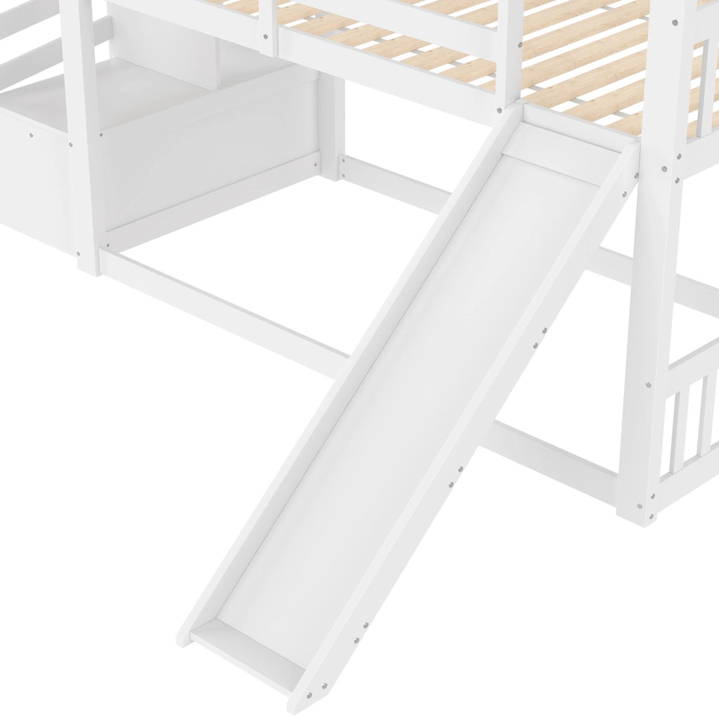 LETTO A CASTELLO 90x200 cm con scivolo, scala con vano portaoggetti, pino e MDF, bianco