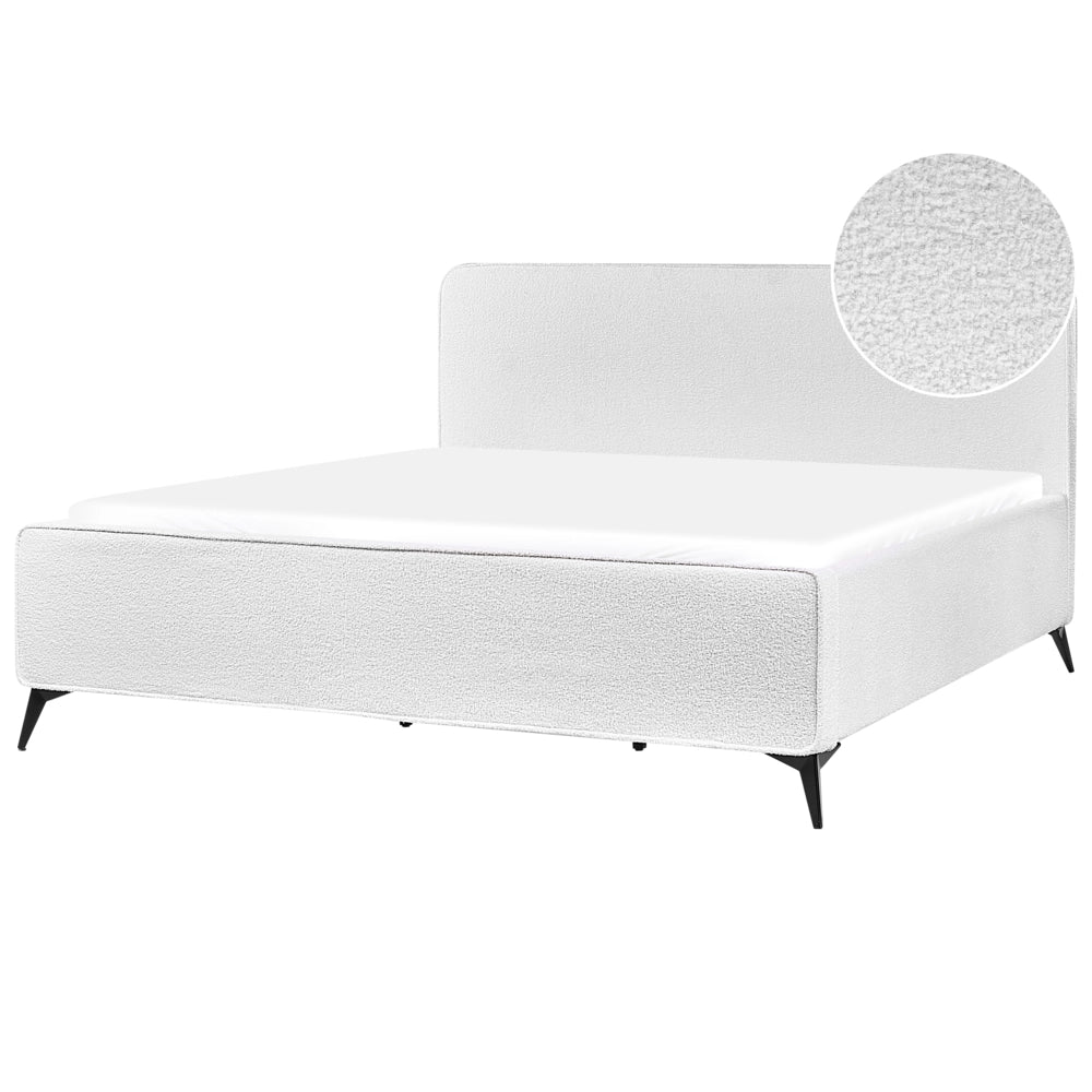 Letto matrimoniale imbottito in bouclé bianco sporco gambe in metallo nero 180x200 cm testiera stile classico minimalista