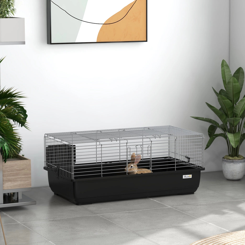 Gabbia per Conigli a 2 Porte con Vassoio Rimovibile, in Metallo e Plastica PP, 100x55x41 cm, Nero e Argento