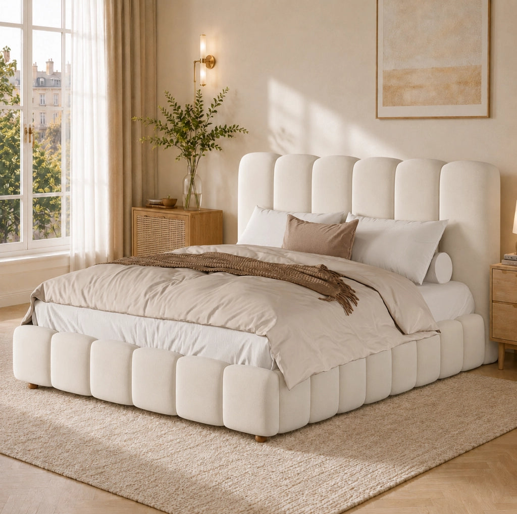 Letto matrimoniale contenitore 140x190 cm con sollevamento idraulico; velluto beige