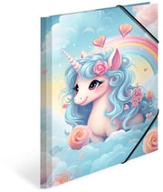 Set di cartelloni A4 Happy Unicorn, 3 pezzi, cartelloni di cartone con motivo per bambini, cerniera elastica, fogli interno e stampa interno per bambini
