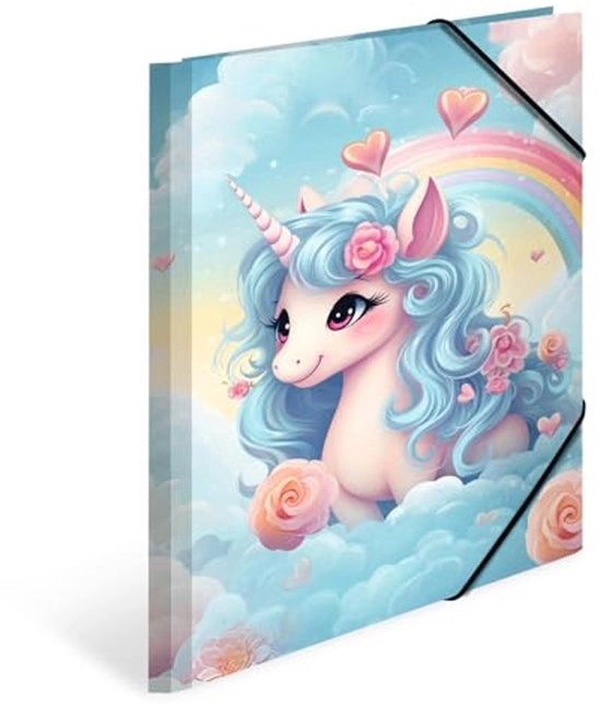 Set di cartelloni A4 Happy Unicorn, 3 pezzi, cartelloni di cartone con motivo per bambini, cerniera elastica, fogli interno e stampa interno per bambini
