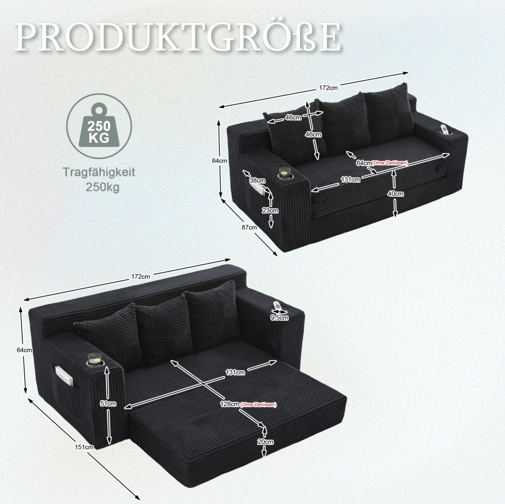 DIVANO Modulare 2 Posti 172x87x64 cm Velluto a Coste Nero