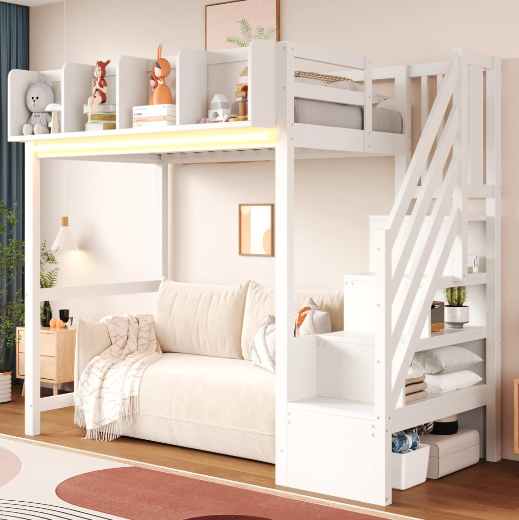 Letto a soppalco 90x200 cm con LED; scaletta e vani portaoggetti in legno bianco