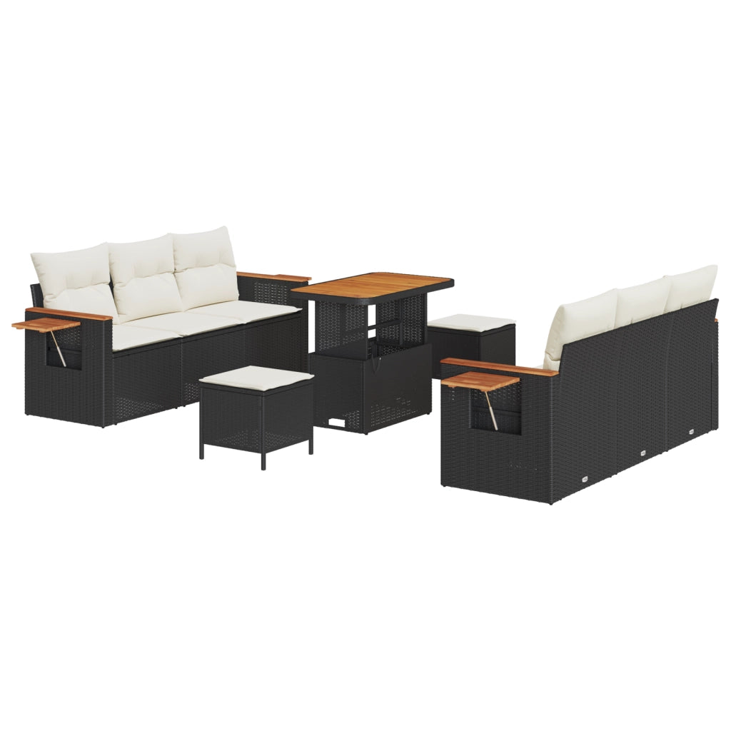 Set di divani da giardino 9 pezzi con cuscini in polyrattan nero e acacia
