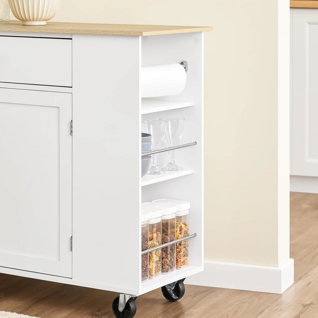 Isola Cucina con Ruote – Carrello Cucina Salvaspazio con Cassetto e Ripiano Regolabile – Mobiletto Cucina con Piano di Lavoro, da Pranzo o per Penisola Cucina, Bianco 99x40x85 cm FKW133-WN