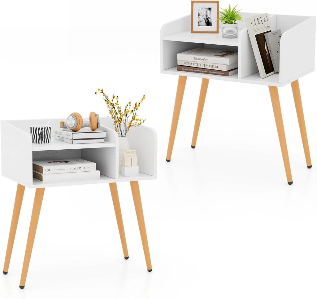 Comodino 50 x 32 x 58cm, Tavolino Moderno con Mensole Aperte, Gambe in Metallo e Poggiapiedi Regolabili, Comò Ideale per Soggiorno e Camera da Letto (Bianco,2)