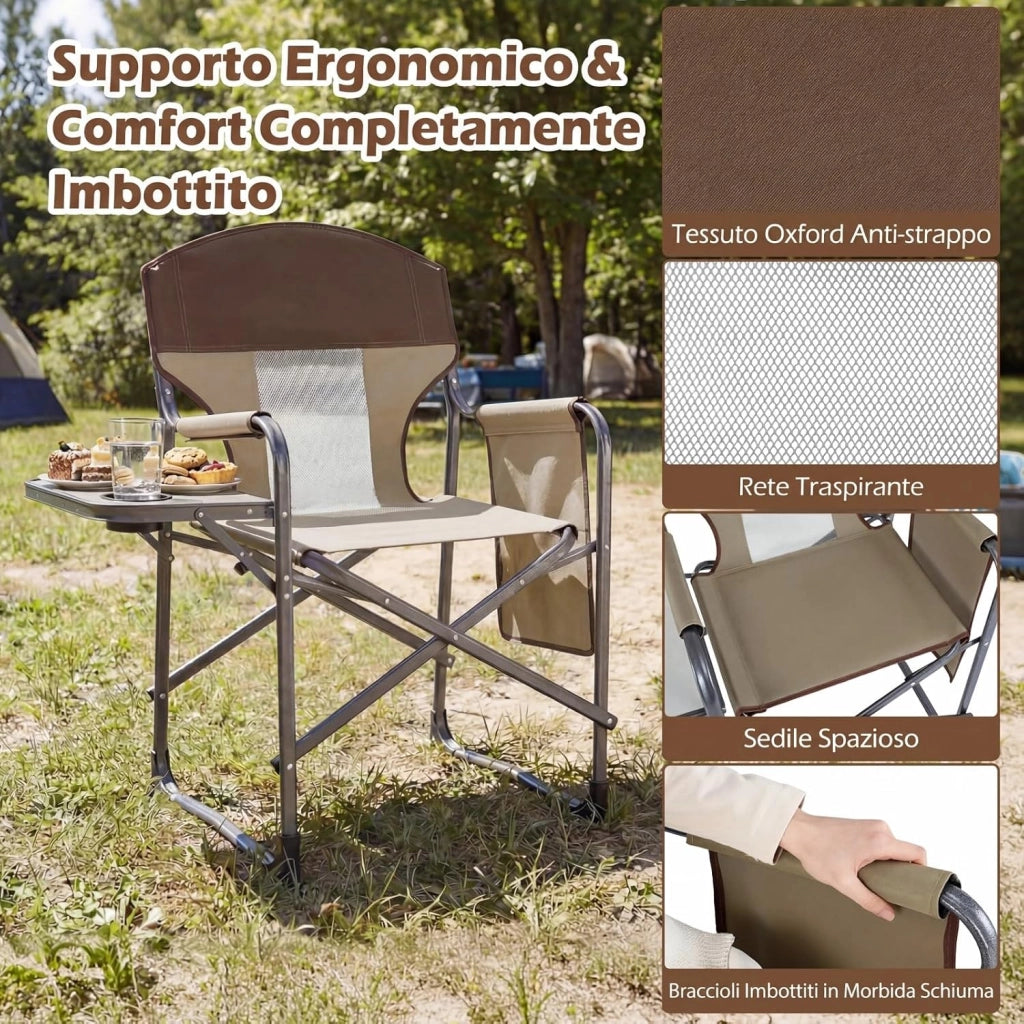 Sedia da Campeggio Pieghevole, Sedia da Regista con Tavolino Laterale, Portabicchieri e Tasca Portaoggetti, Portata 180 kg, Poltrona da Esterno per Spiaggia, Pesca e Picnic (Marrone)