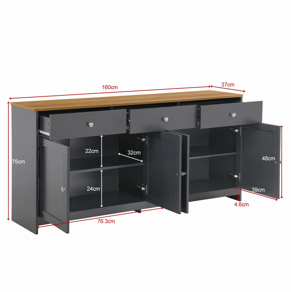 Sideboard 160x37x75 cm con 3 cassetti; 4 ante e ripiani regolabili; MDF nero e grigio