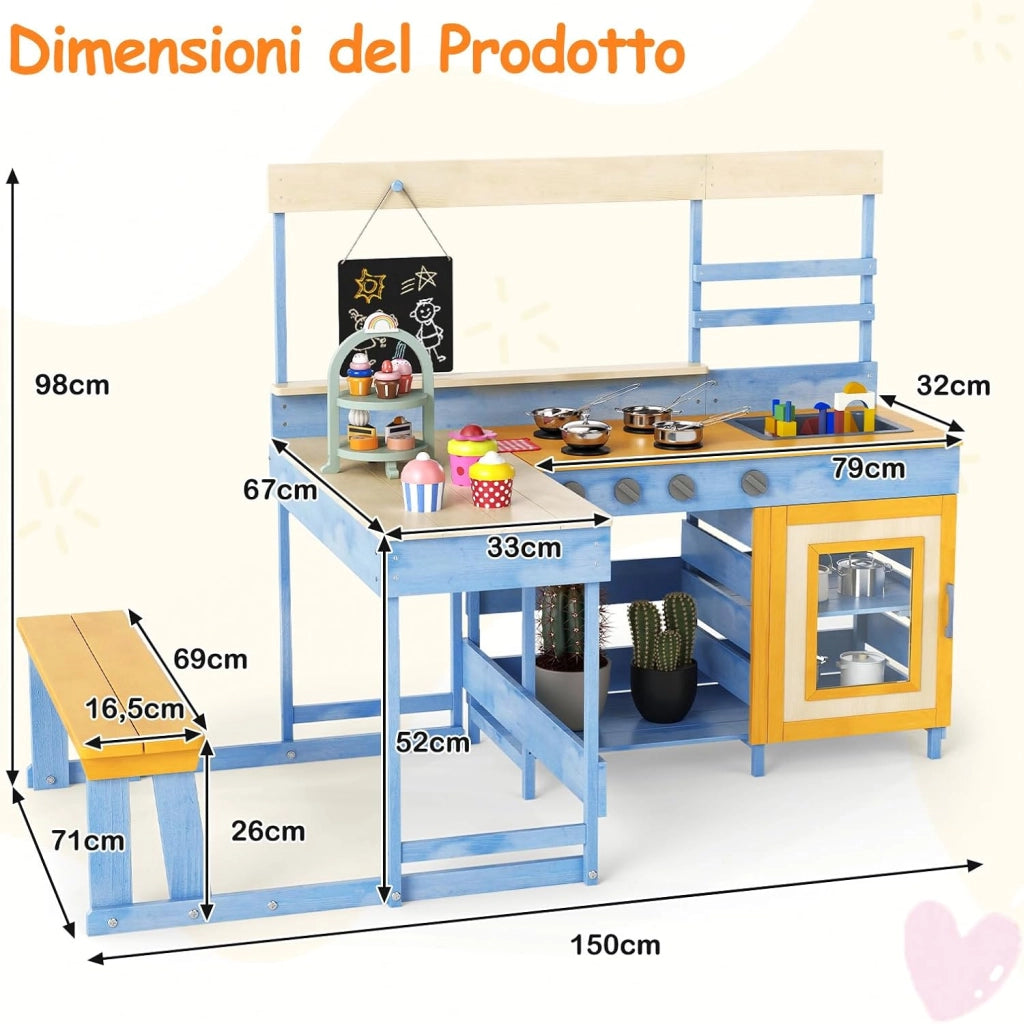 Cucina Giocattolo per Giardino con Tavolo e Panchina da Picnic, Cucina per Bambini in Legno di Abete con Fornelli, Lavandino, Lavagna e Forno, con 17 Accessori, 150 x 71 x 98 cm (Blu)