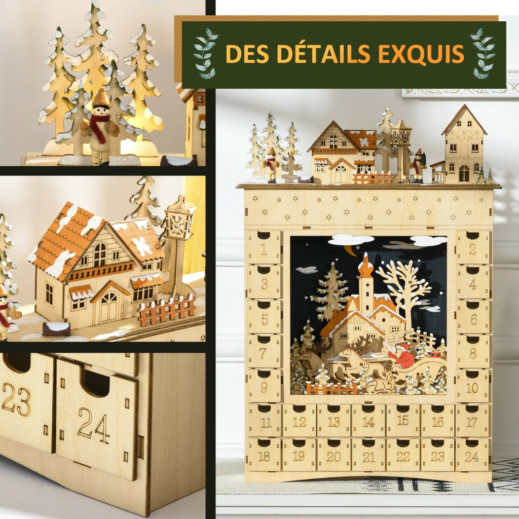 Calendario dell'Avvento LED villaggio innevato 24 cassetti ¨C Xylo ¨C decorazione natalizia beige