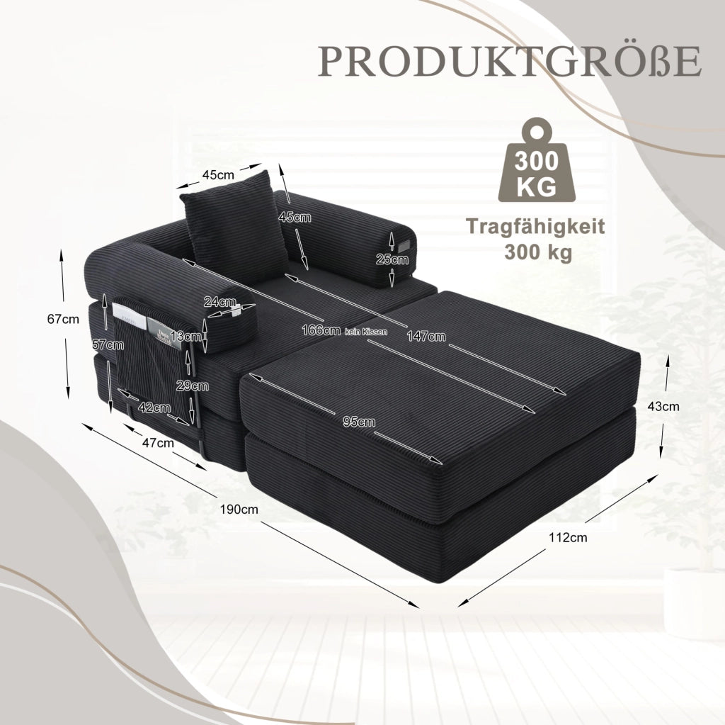 Divano modulare in velluto a coste nero 112 x 190 x 67 cm con cuscino e tasca laterale