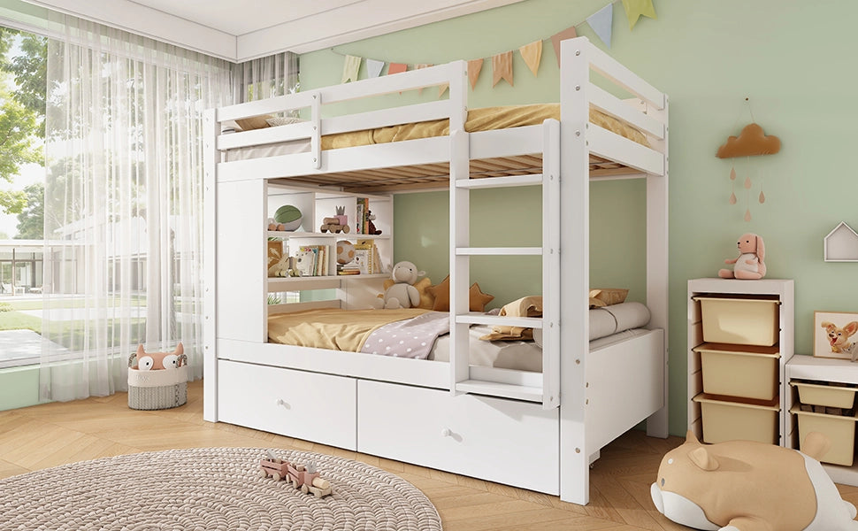 Letto a castello in legno con 2 cassetti, scaffale e scala, 90x200 cm, bianco