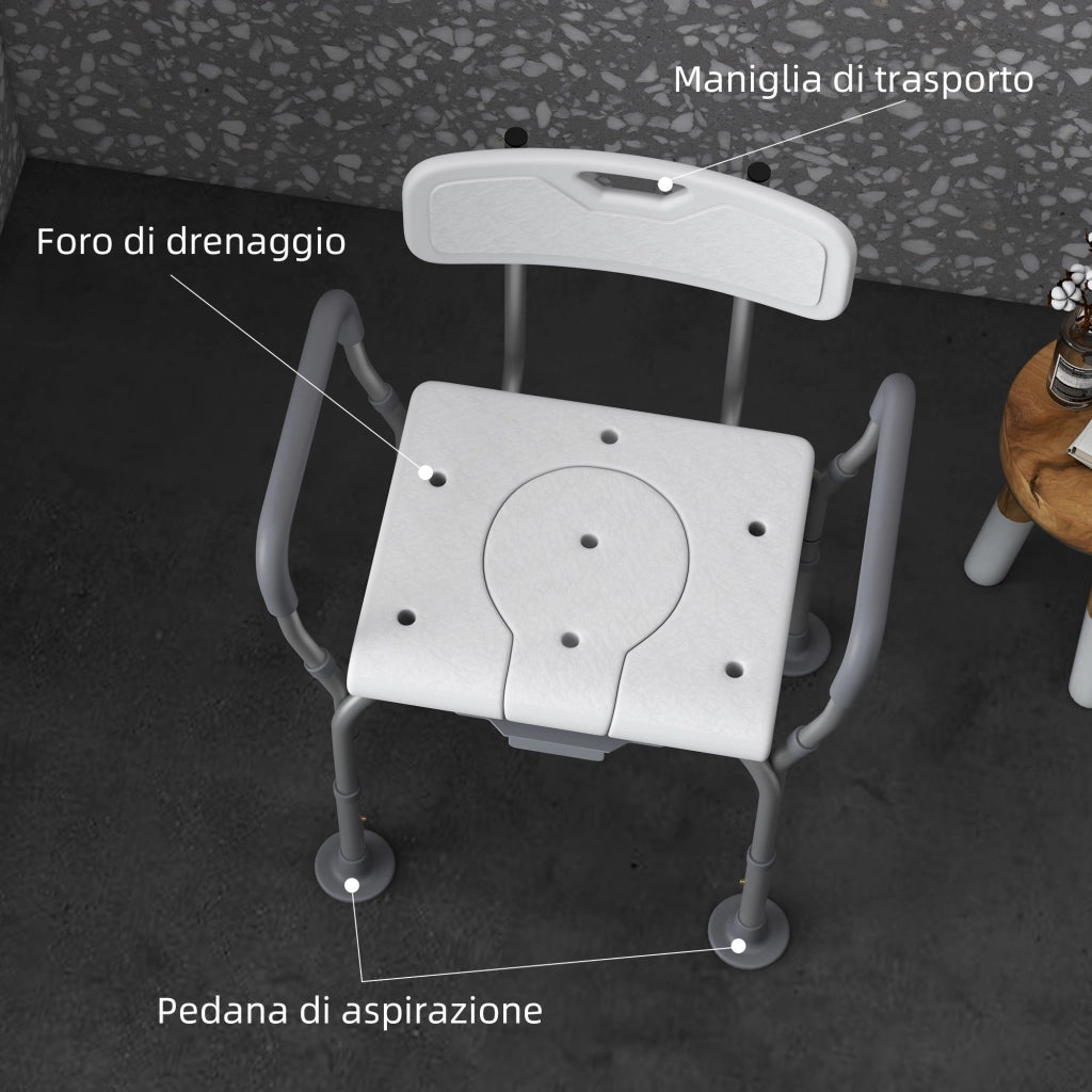 Sedia da Doccia 3 in 1 con Schienale e Braccioli. Altezza Regolabile e Piedini Antiscivolo. Bianco