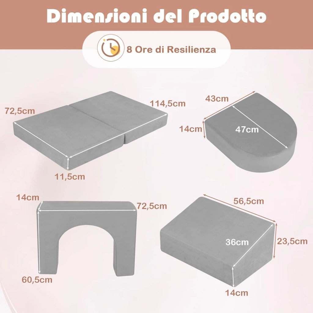 Divano Giocattolo per Bambini a 8 Pezzi, Divano Modulare per Bambini in Schiuma con Tessuto Suede, Poltrone per Bambini per Stanze da Gioco, Camere da Letto, Soggiorno (Grigio)