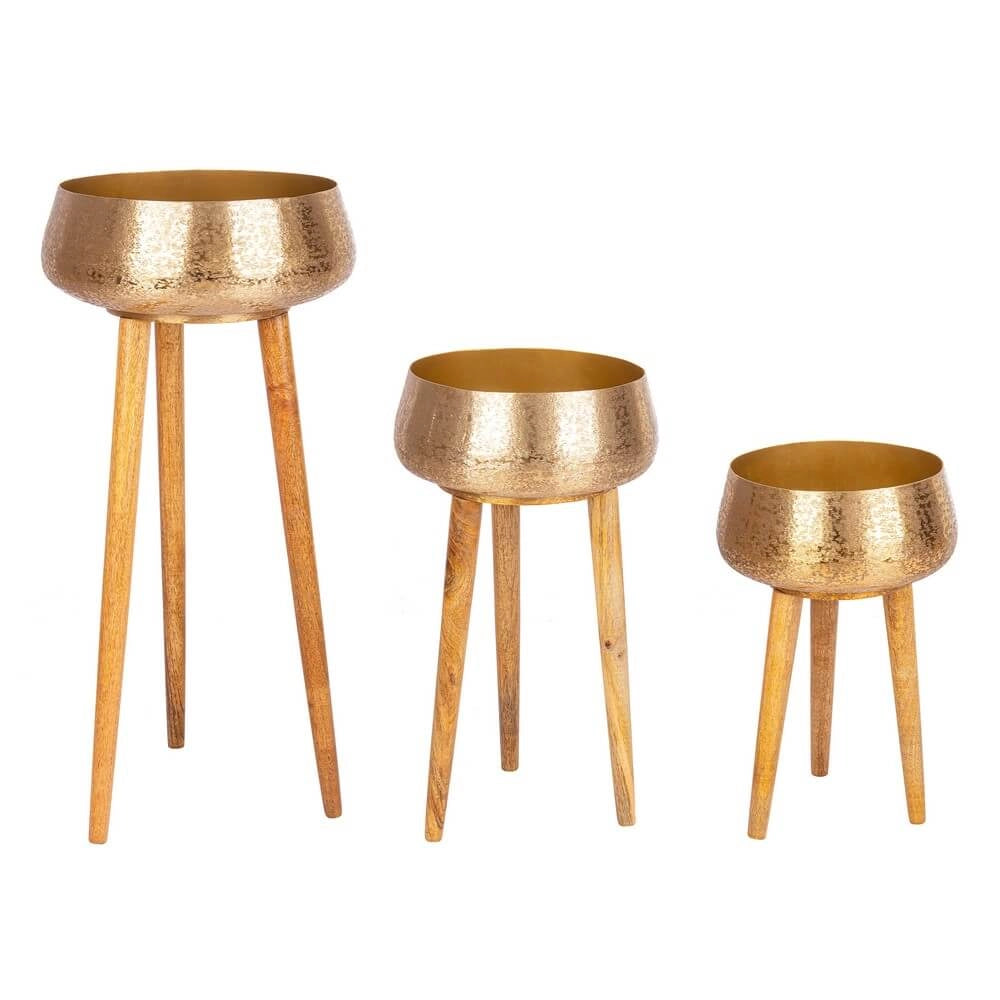 Set di 3 Porta Vaso in Alluminio Martellato Oro con Treppiede in Legno - ROMAN