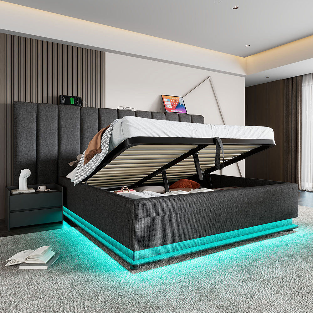 Letto imbottito con Coffre - Xylo - 160x200 cm - Grigio Lino - Controllo App LED e USB-C