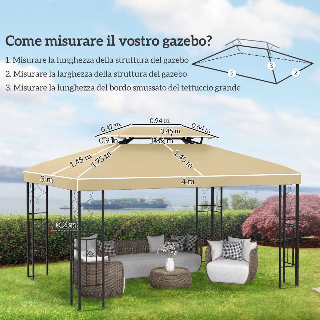 Gazebo 4x3 m ¨C Minimal ¨C Poliestere Anti UV, Tetto a 2 Livelli, Crema
