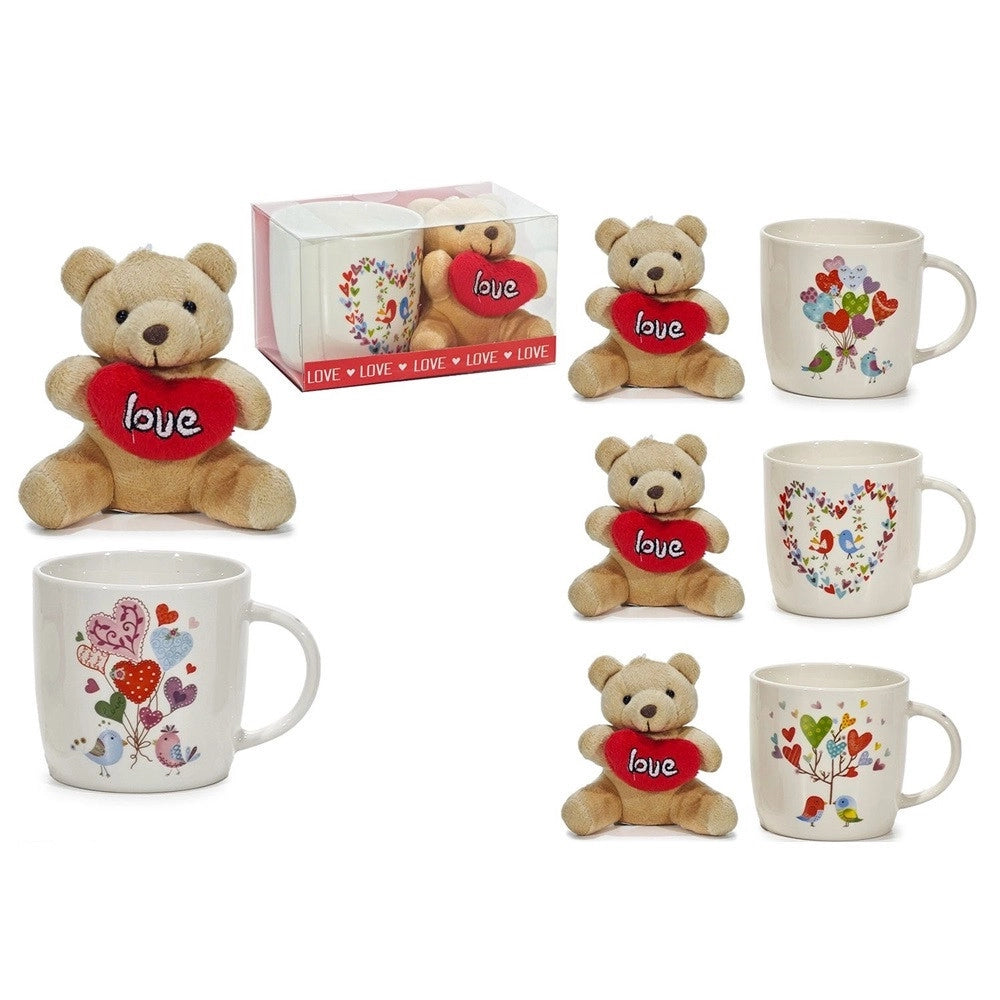 Trade Shop - Set Tazza 30cl In Ceramica Con Orsacchiotto Di Peluche Cuore Rosso Regalo San Valentino -