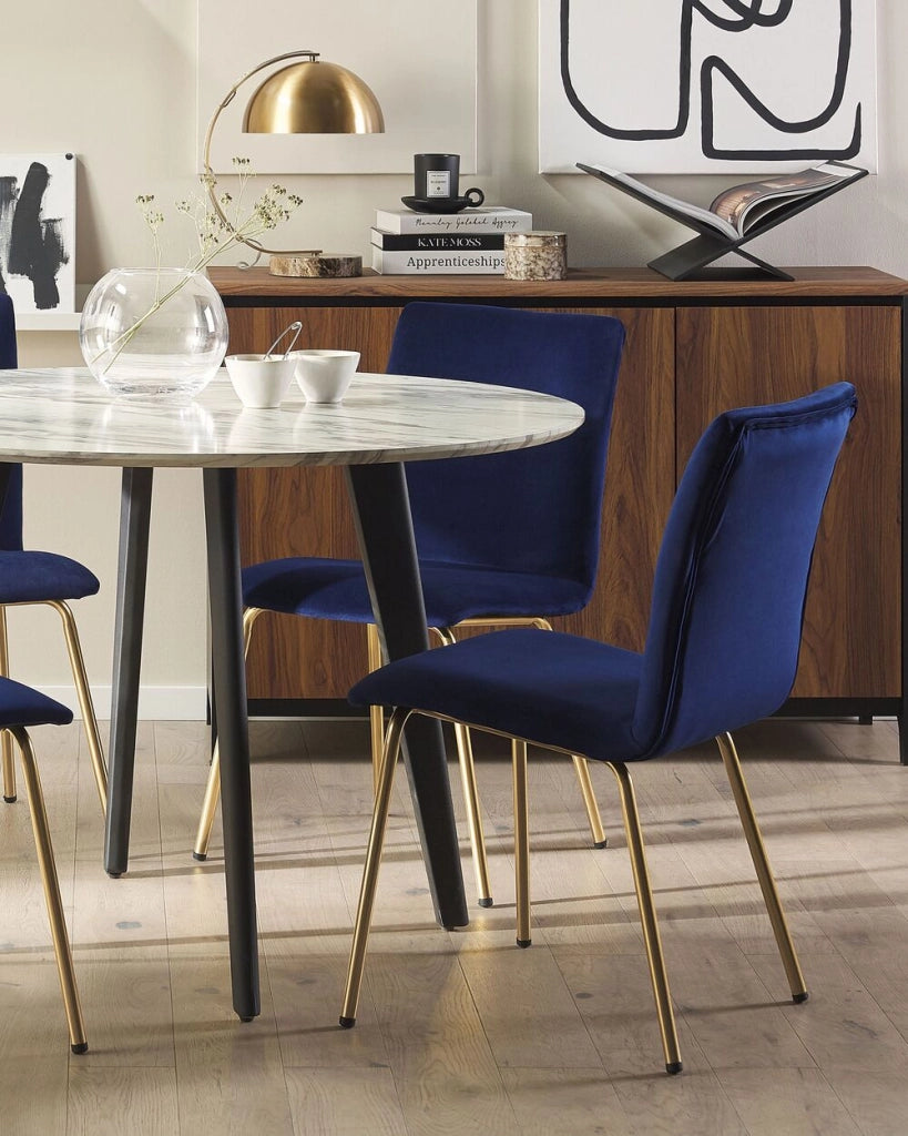 Set di 2 Sedie da Pranzo Velluto Blu Gambe in Metallo dorato senza braccioli Retro Glam