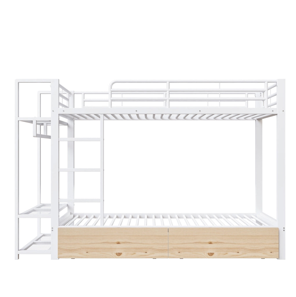 Letto a castello ULEVR 90x200 cm con 2 cassetti, ripiani, barra appendiabiti e luce LED, bianco