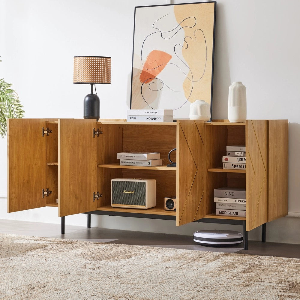 Credenza Soggiorno con 4 Ante e Inserto in Metallo ¨C MINIMAL ¨C Legno Naturale 160x40x78