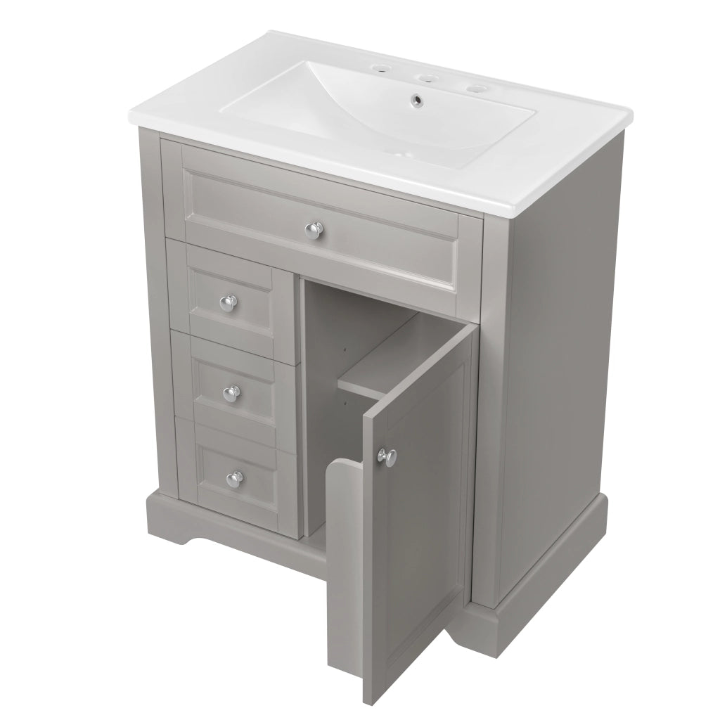 Mobile sottolavabo con lavabo in ceramica, 1 anta, 3 cassetti e ripiani, per bagno, grigio, 76 × 46 × 87 cm