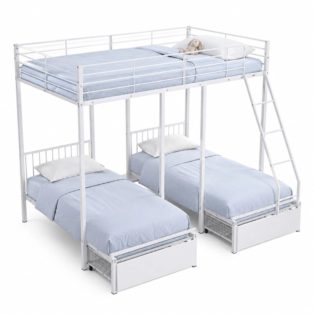 Letto a castello triplo in metallo bianco con 2 cassetti, convertibile in 3 letti separati, 140 x 200 cm