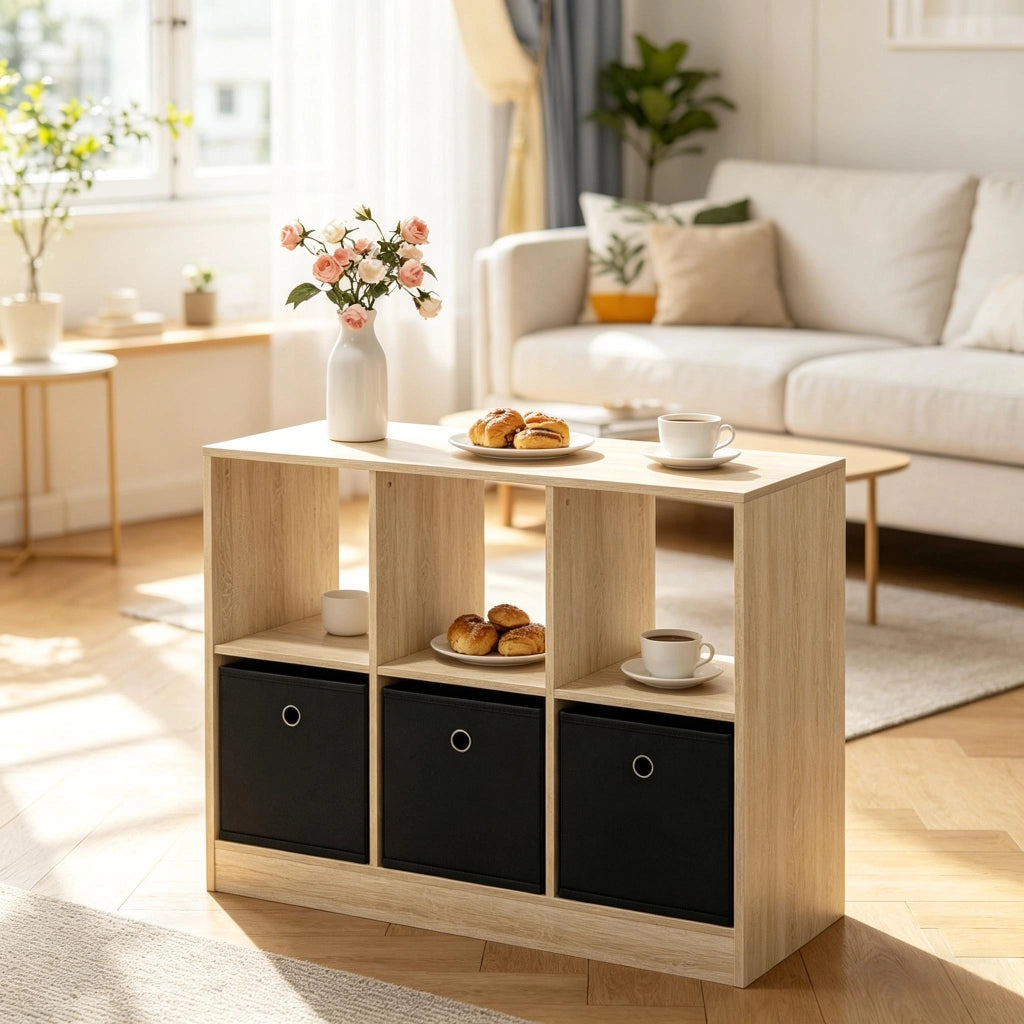 Libreria cubby autoportante con 3 cassetti in tessuto, 30x80x61 cm, nero e rovere chiaro
