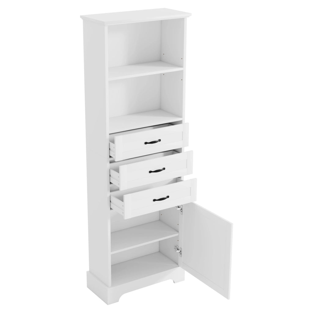 Armadietto da bagno con 1 anta 3 cassetti e vani aperti con ripiani regolabili in MDF bianco 56 × 25,6 × 167 cm