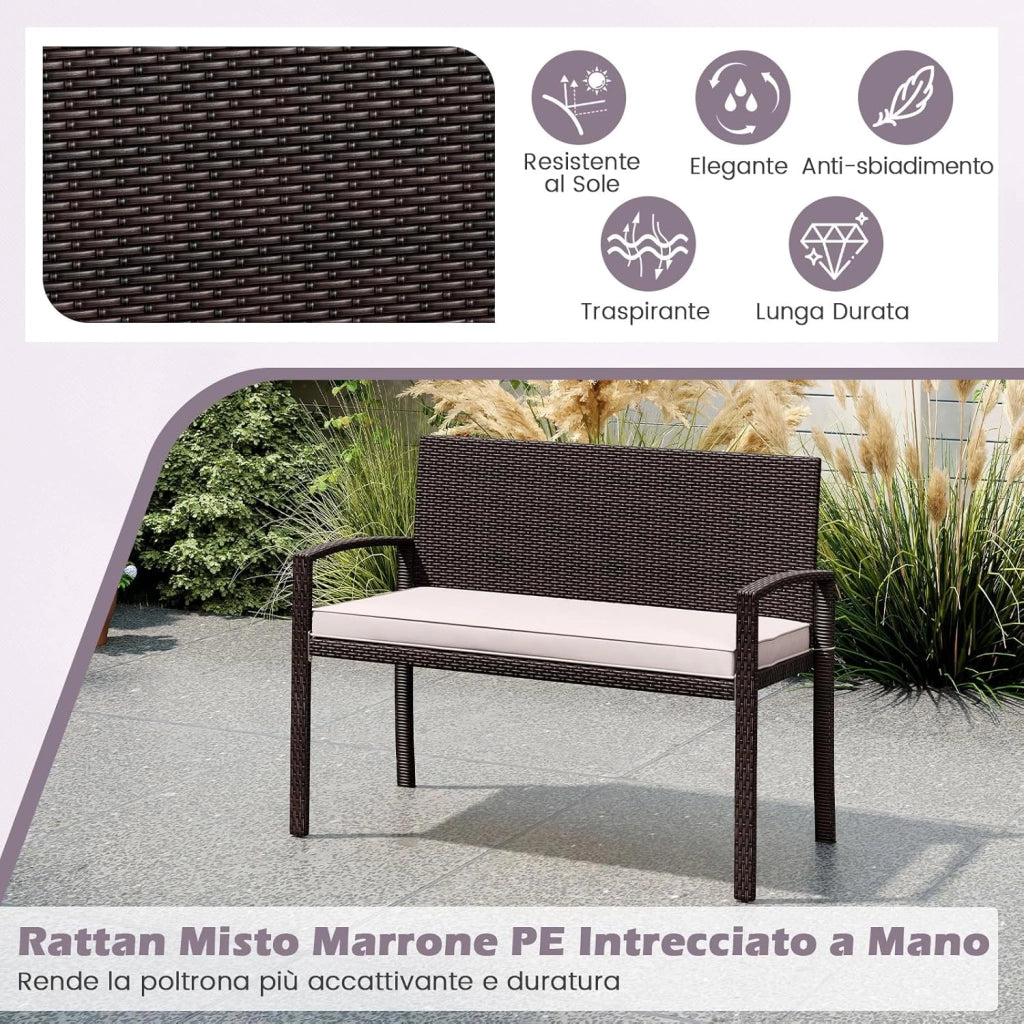 Panchina da Esterno in Rattan PE 110 x 56 x 84 cm, Panchina da Giardino con Morbido Cuscino, Schienale e Braccioli, Poltrona per Veranda, Balcone e Ingresso (Bianco)
