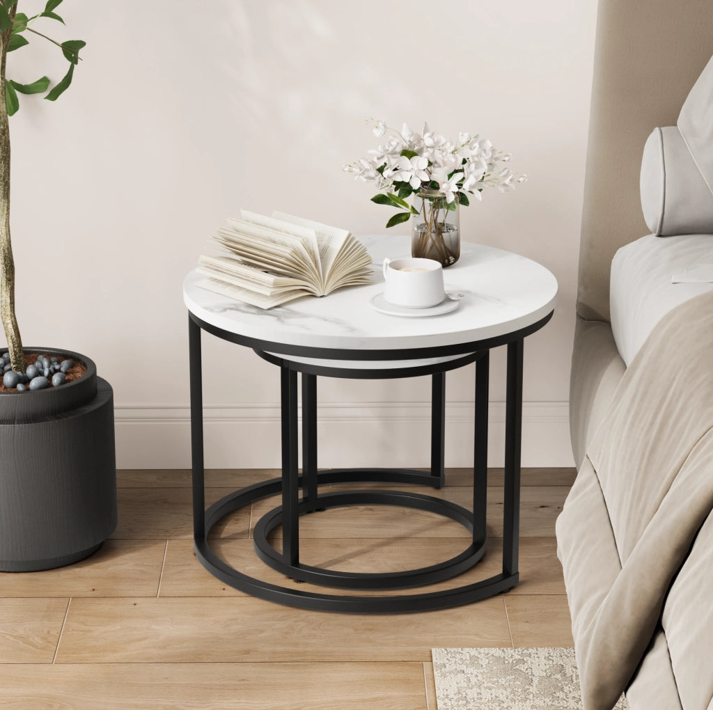 Set di 2 tavolini da caffè rotondi bianchi a incastro 60 cm