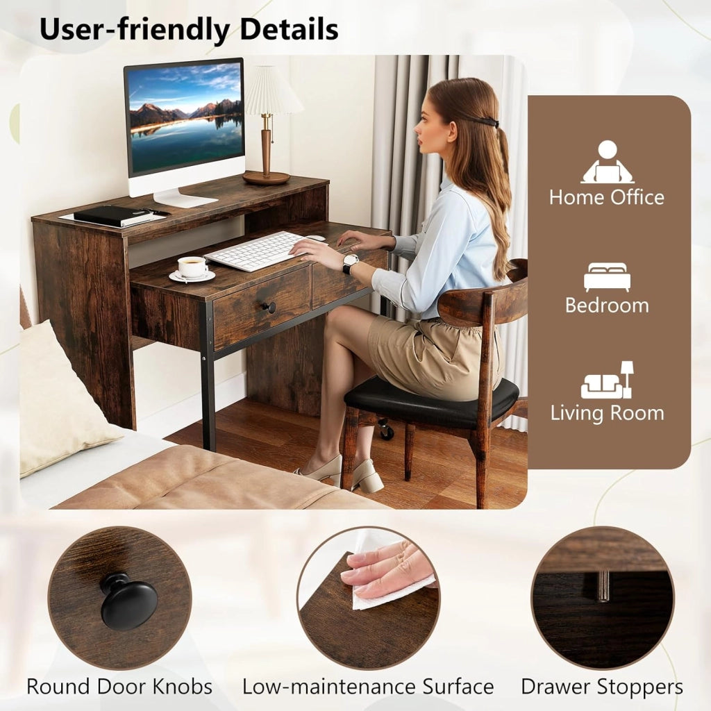 Scrivania per computer con piano estensibile, 100 x 63 x 88 cm, 2 cassetti e ripiano aperto, design compatto con ruote, tavolo da lavoro per camera da letto, ufficio (marrone)