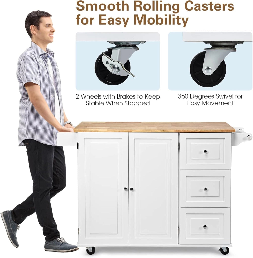 Carrello da Cucina, Credenza Mobile Salvaspazio, Ruote con 2 Freni, Piano Pieghevole, 2 Ripiani Regolabili, 3 Cassetti, 2 Ante, Portaspezie e Portasciugamano, 111x76x91 cm, Bianco